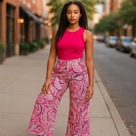 Nina Leonard Pants - Paisley Wide Leg Pants in Pink and White Size XLarge